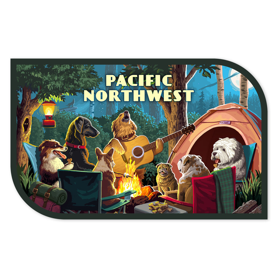 Pacific Northwest, Painterly, Pack Life, Dogs Around Campfire, Vinyl Sticker Sticker Lantern Press 