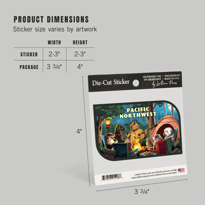 Pacific Northwest, Painterly, Pack Life, Dogs Around Campfire, Vinyl Sticker Sticker Lantern Press 