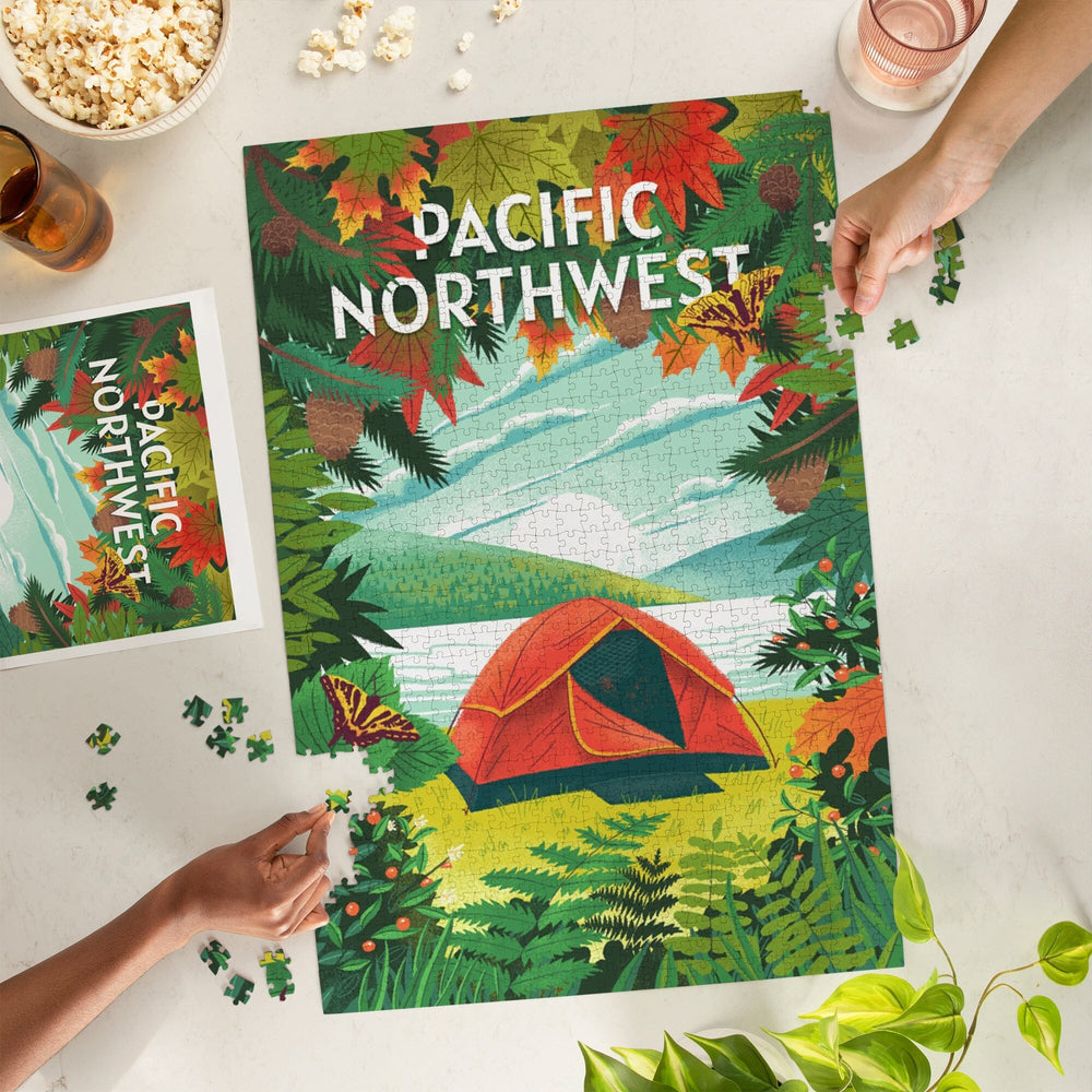 Pacific Northwest, Peek That View, Tent Camping, Fall Colors, Jigsaw Puzzle Puzzle Lantern Press 