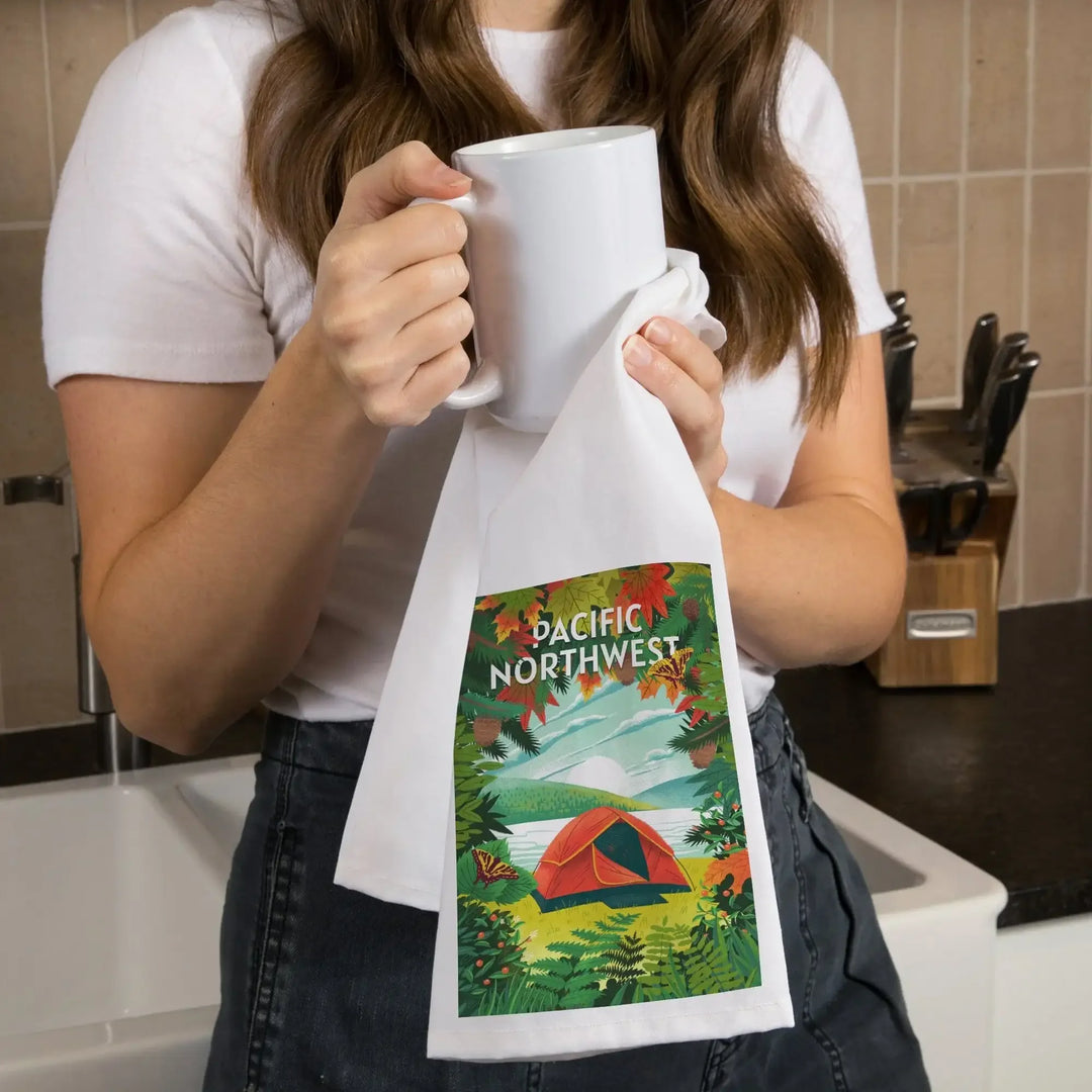 Pacific Northwest, Peek That View, Tent Camping, Fall Colors, Organic Cotton Kitchen Tea Towels Kitchen Lantern Press 