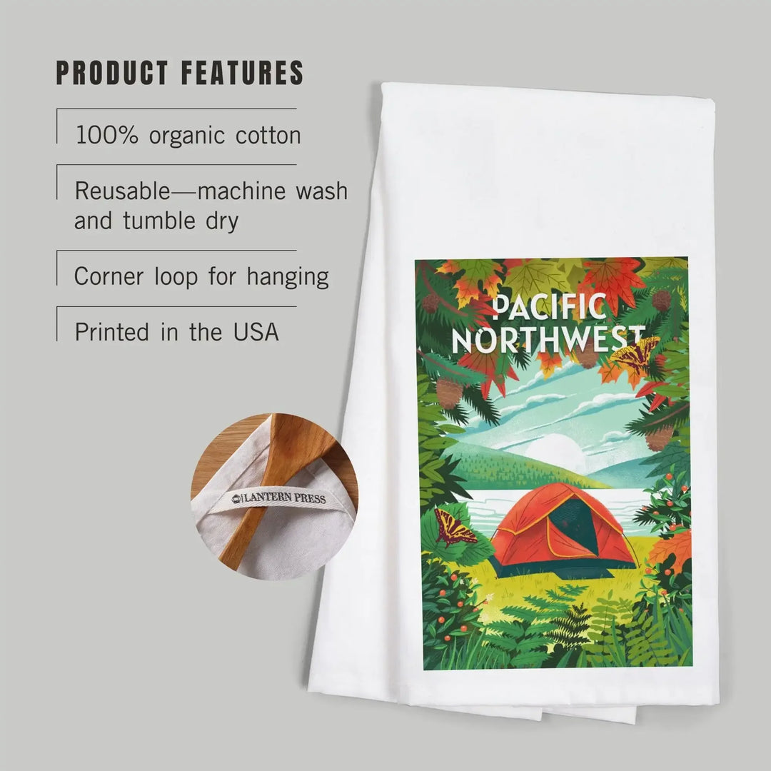 Pacific Northwest, Peek That View, Tent Camping, Fall Colors, Organic Cotton Kitchen Tea Towels Kitchen Lantern Press 
