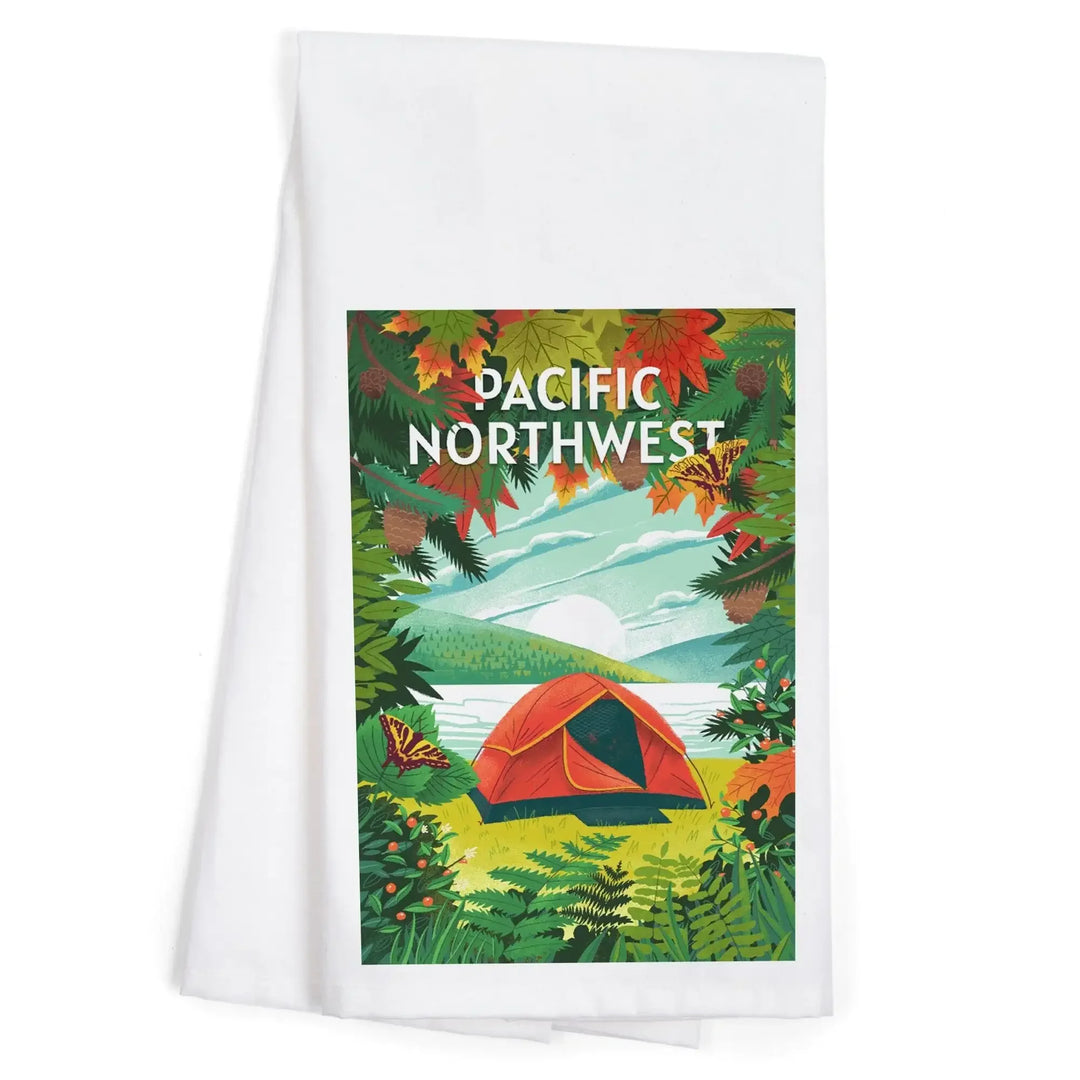 Pacific Northwest, Peek That View, Tent Camping, Fall Colors, Organic Cotton Kitchen Tea Towels Kitchen Lantern Press 