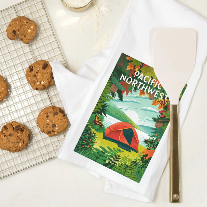 Pacific Northwest, Peek That View, Tent Camping, Fall Colors, Organic Cotton Kitchen Tea Towels Kitchen Lantern Press 