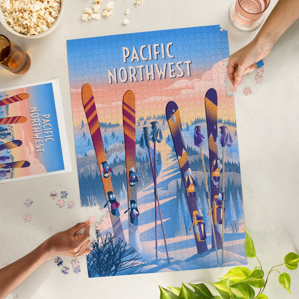 Pacific Northwest, Prepare for Takeoff, Skis in Snowbank, Jigsaw Puzzle Puzzle Lantern Press 