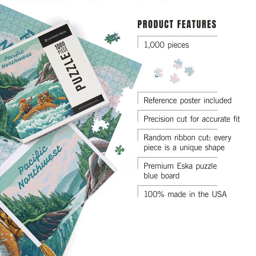 Pacific Northwest, Seek Adventure, River Rafting, Evergreens, Jigsaw Puzzle Puzzle Lantern Press 