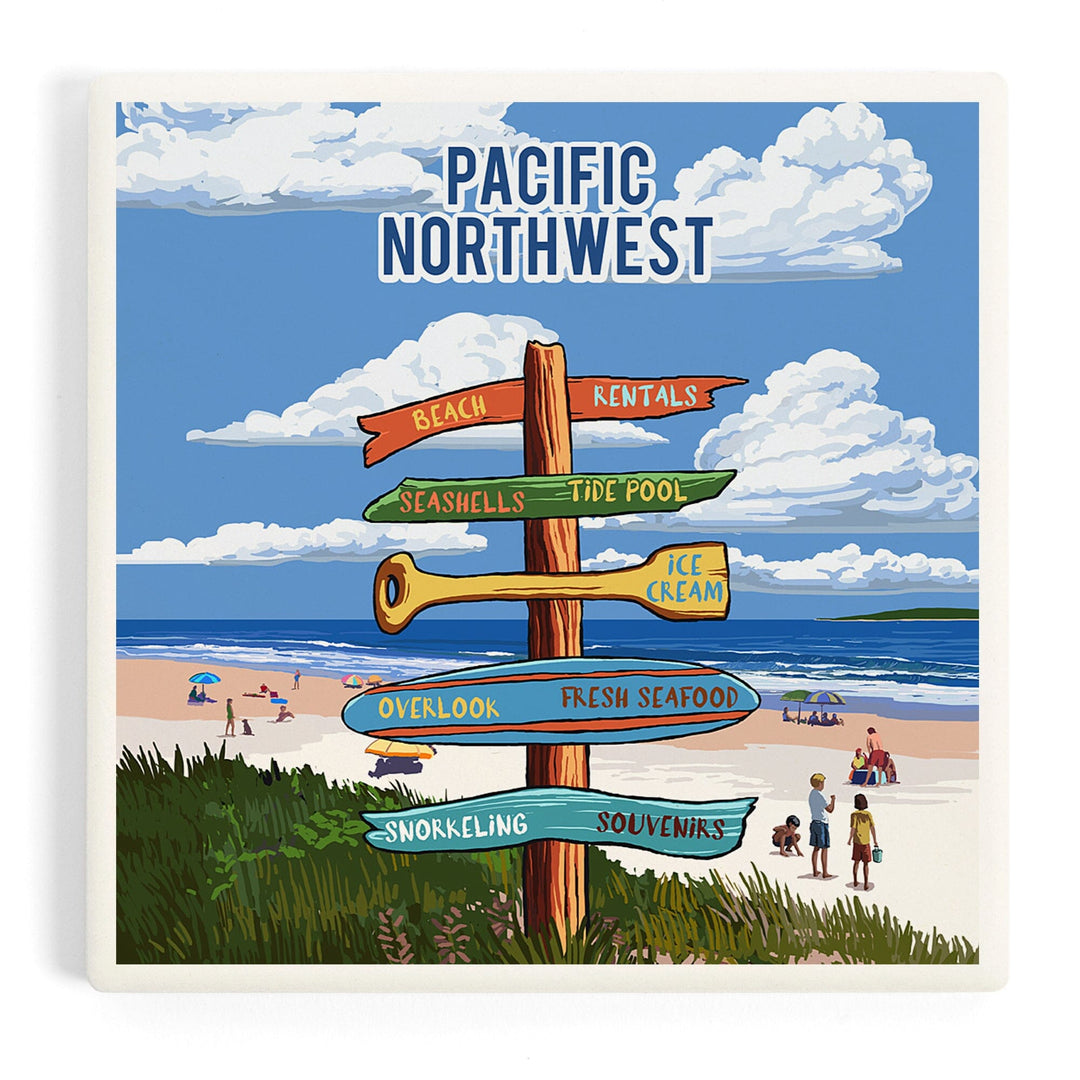 Pacific Northwest, Signpost, Coast Beach with Umbrellas, Coasters Coasters Lantern Press 