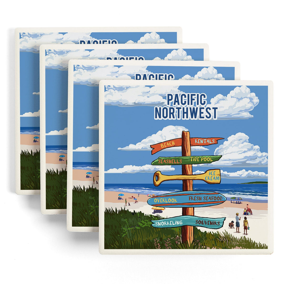 Pacific Northwest, Signpost, Coast Beach with Umbrellas, Coasters Coasters Lantern Press 