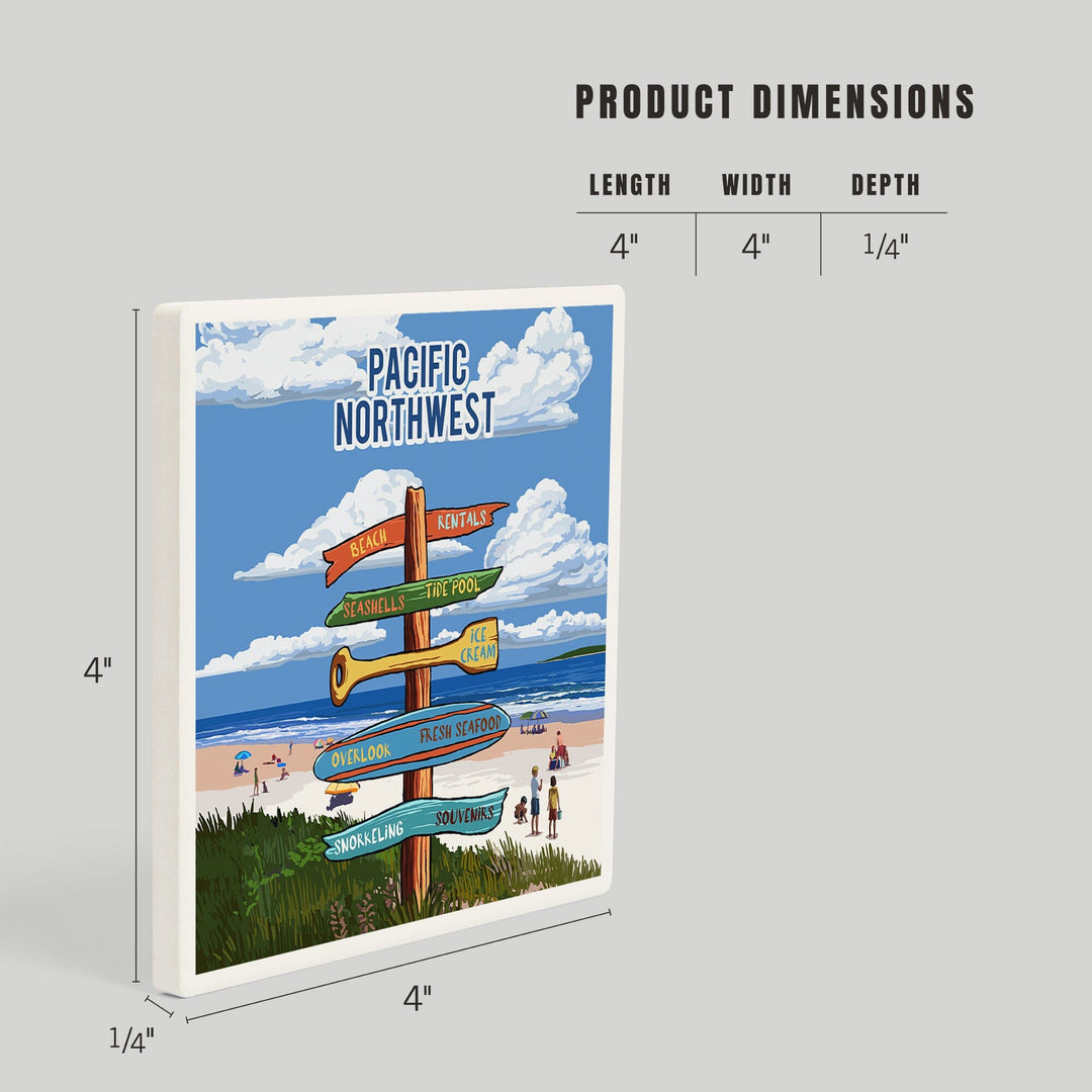 Pacific Northwest, Signpost, Coast Beach with Umbrellas, Coasters Coasters Lantern Press 