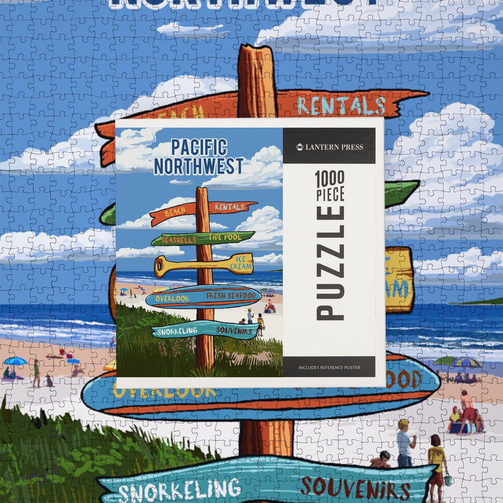 Pacific Northwest, Signpost, Coast Beach with Umbrellas, Jigsaw Puzzle Puzzle Lantern Press 