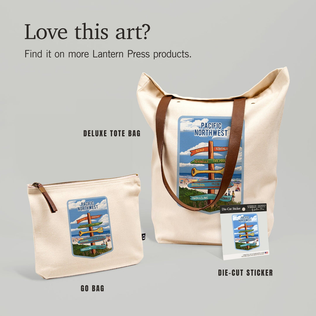 Pacific Northwest, Signpost, Coast Beach with Umbrellas,, Organic Cotton Zipper Pouch, Go Bag Totes Lantern Press 