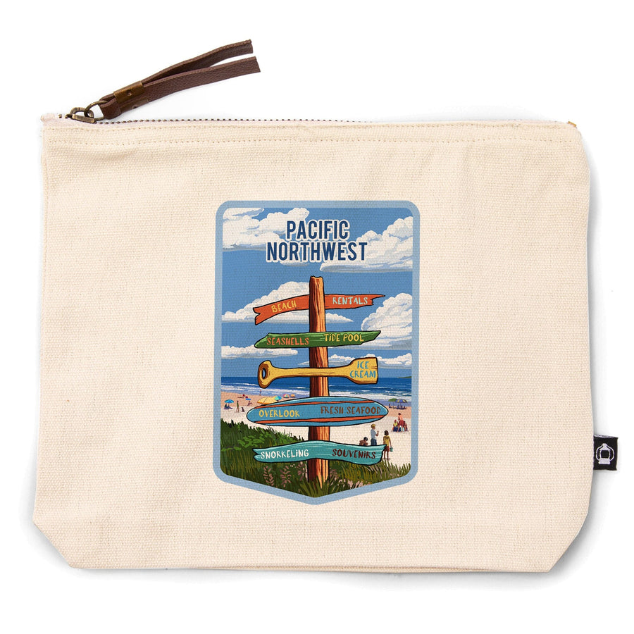 Pacific Northwest, Signpost, Coast Beach with Umbrellas,, Organic Cotton Zipper Pouch, Go Bag Totes Lantern Press 