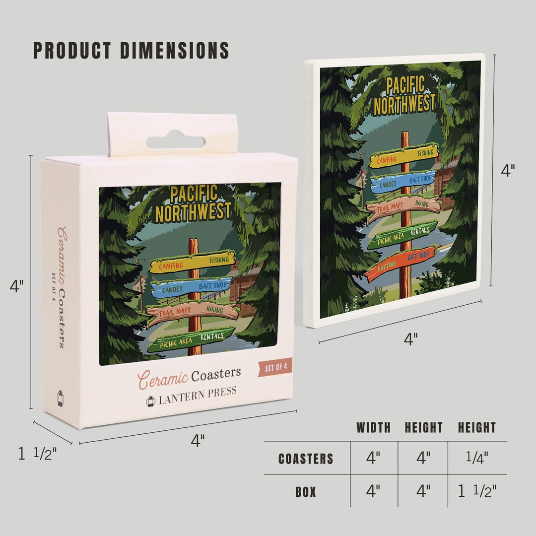 Pacific Northwest, Signpost, Forest and Camp, Coasters Coasters Lantern Press 