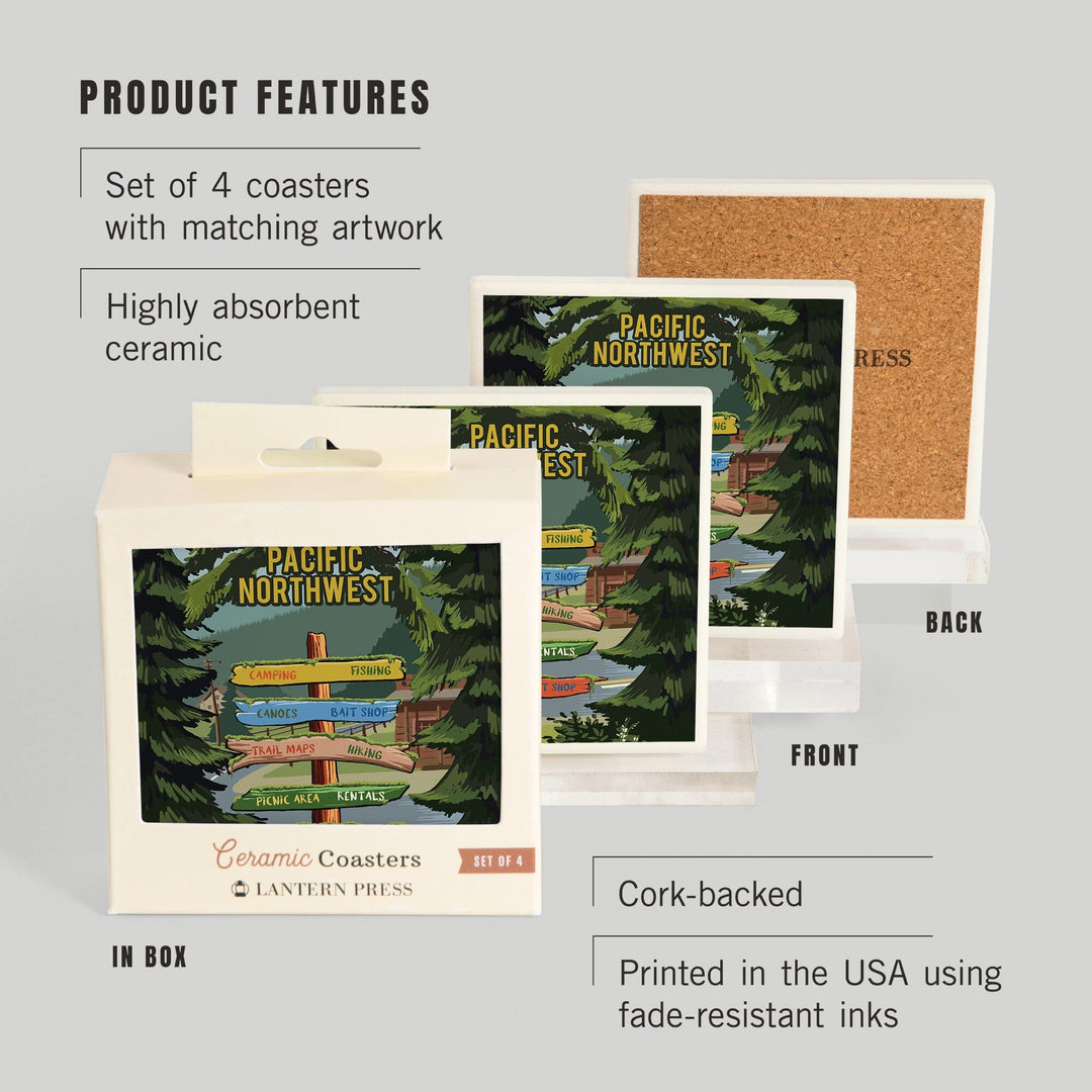 Pacific Northwest, Signpost, Forest and Camp, Coasters Coasters Lantern Press 