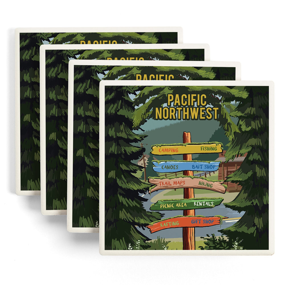Pacific Northwest, Signpost, Forest and Camp, Coasters Coasters Lantern Press 