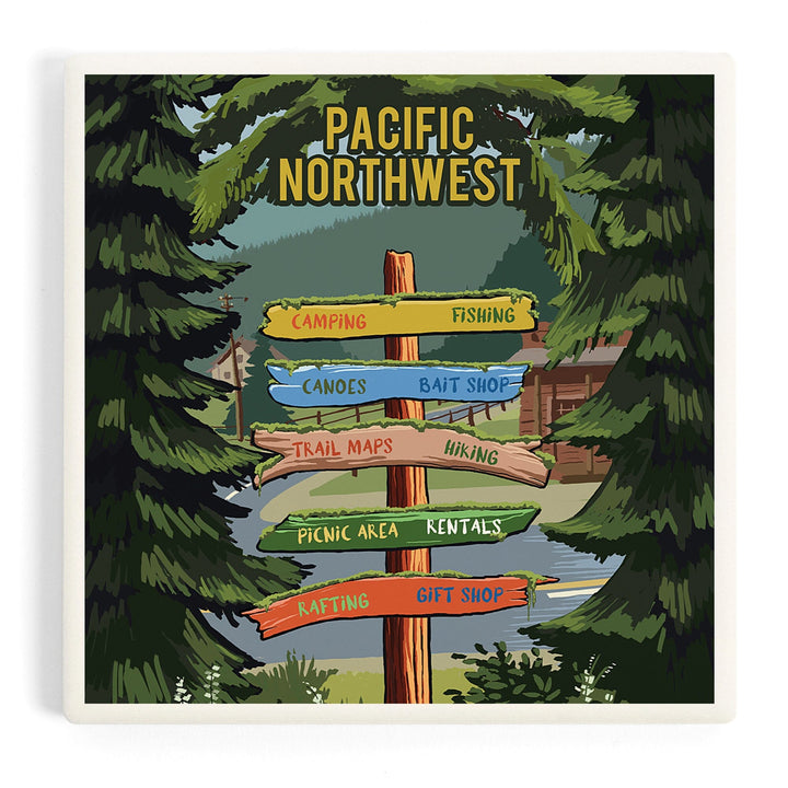 Pacific Northwest, Signpost, Forest and Camp, Coasters Coasters Lantern Press 