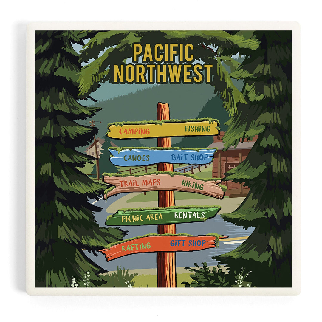 Pacific Northwest, Signpost, Forest and Camp, Coasters Coasters Lantern Press Coaster 