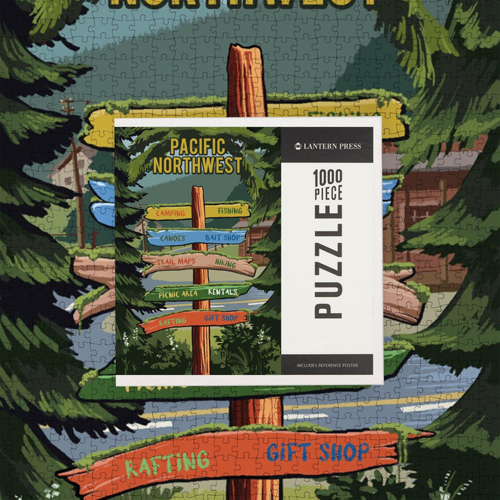 Pacific Northwest, Signpost, Forest and Camp, Jigsaw Puzzle Puzzle Lantern Press 