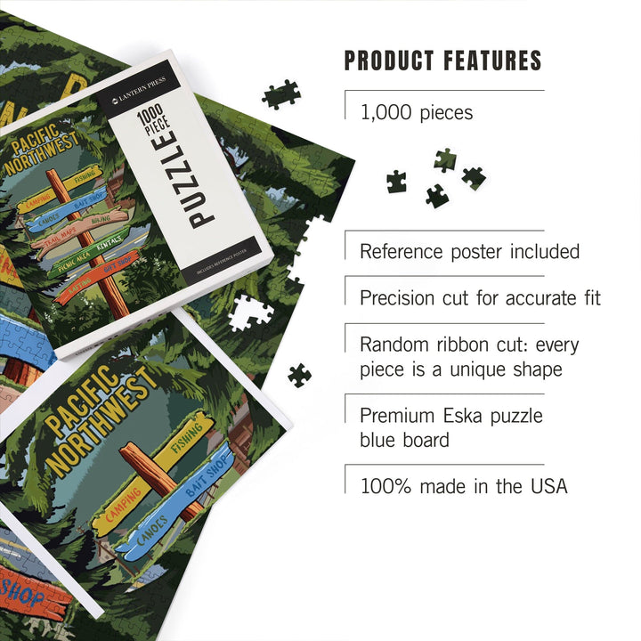 Pacific Northwest, Signpost, Forest and Camp, Jigsaw Puzzle Puzzle Lantern Press 