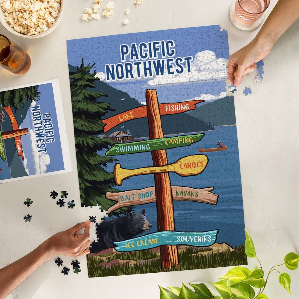 Pacific Northwest, Signpost, Lake and Bear, Jigsaw Puzzle Puzzle Lantern Press 