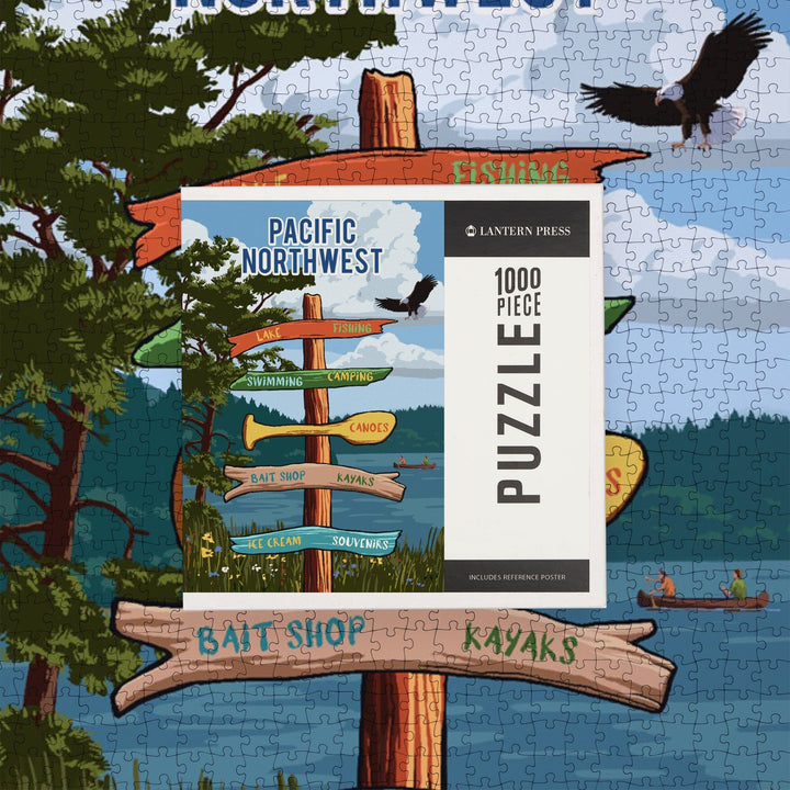 Pacific Northwest, Signpost, Lake and Eagle, Jigsaw Puzzle Puzzle Lantern Press 