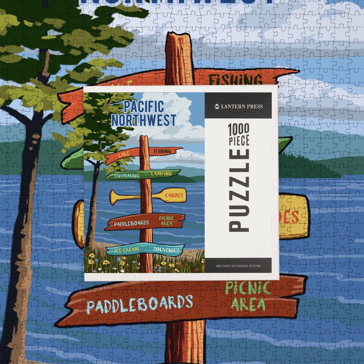 Pacific Northwest, Signpost, Lake and Flowers, Jigsaw Puzzle Puzzle Lantern Press 
