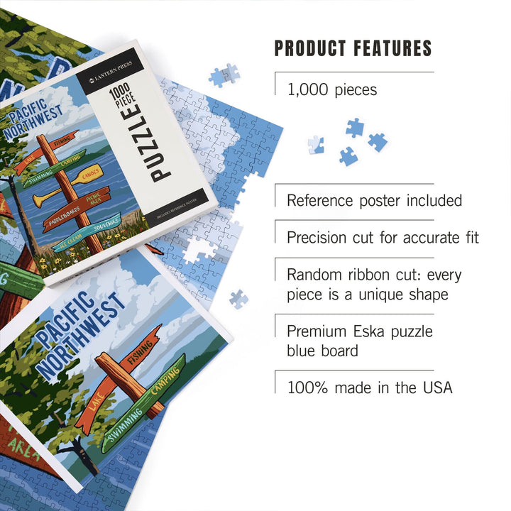 Pacific Northwest, Signpost, Lake and Flowers, Jigsaw Puzzle Puzzle Lantern Press 