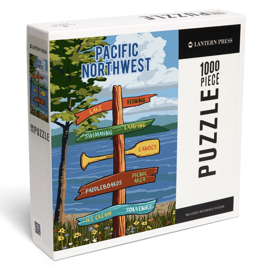 Pacific Northwest, Signpost, Lake and Flowers, Jigsaw Puzzle Puzzle Lantern Press 