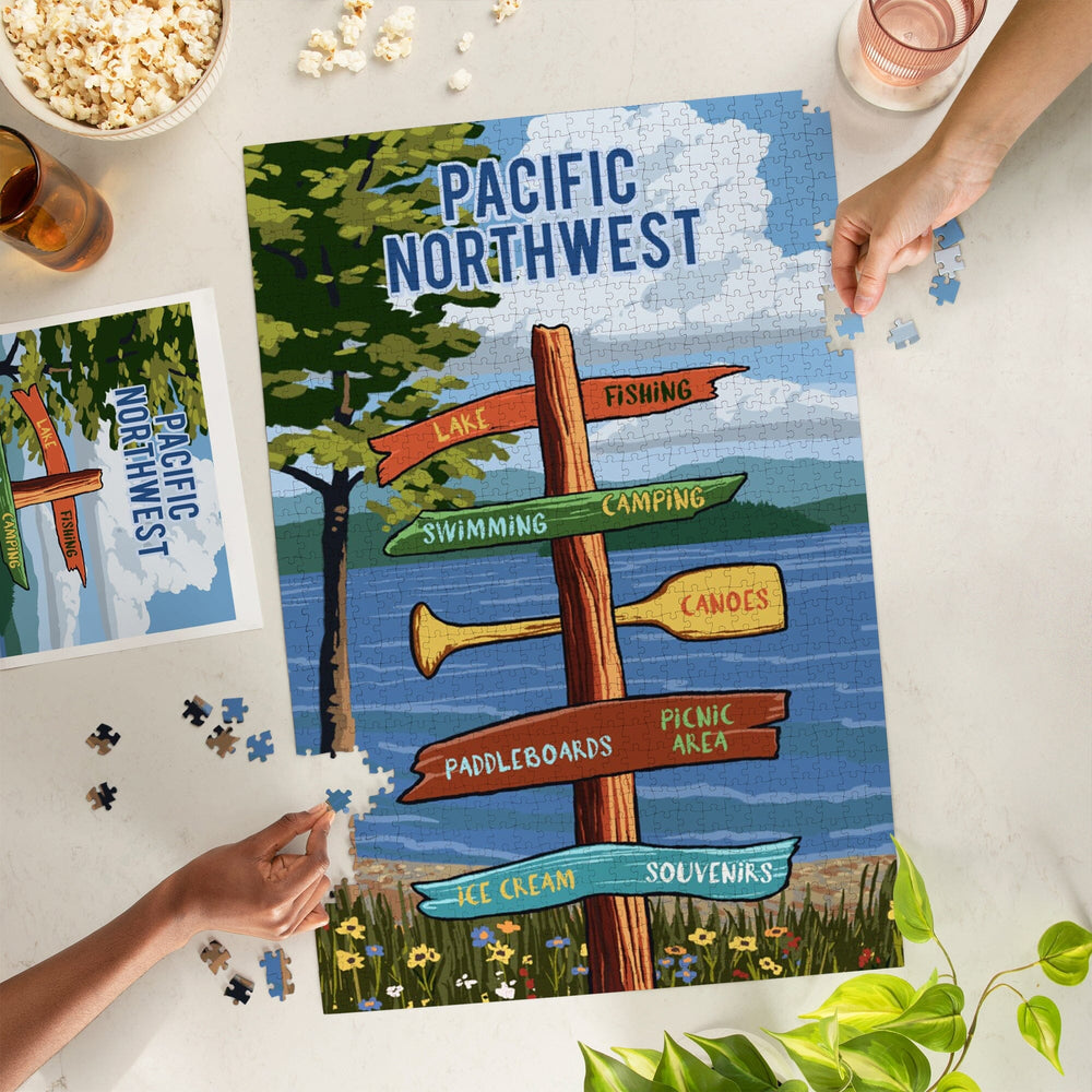 Pacific Northwest, Signpost, Lake and Flowers, Jigsaw Puzzle Puzzle Lantern Press 
