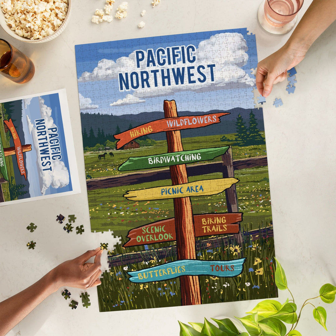 Pacific Northwest, Signpost, Meadow, Jigsaw Puzzle Puzzle Lantern Press 