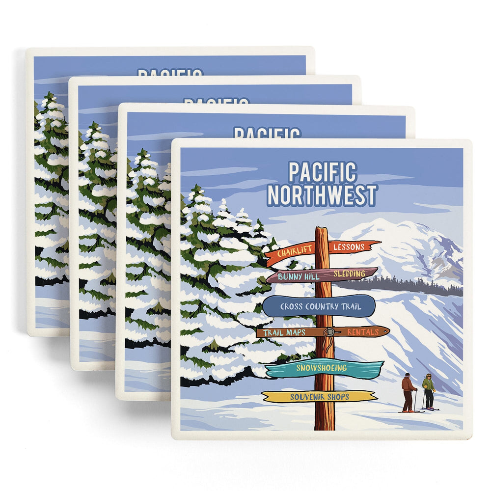 Pacific Northwest, Signpost, Ski and Snow, Coasters Coasters Lantern Press 