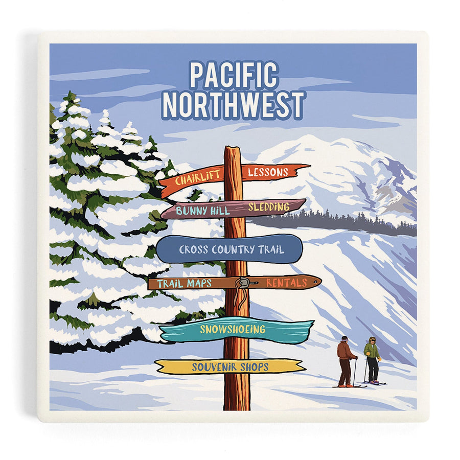 Pacific Northwest, Signpost, Ski and Snow, Coasters Coasters Lantern Press 