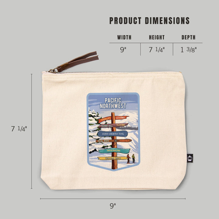 Pacific Northwest, Signpost, Ski and Snow,, Organic Cotton Zipper Pouch, Go Bag Totes Lantern Press 