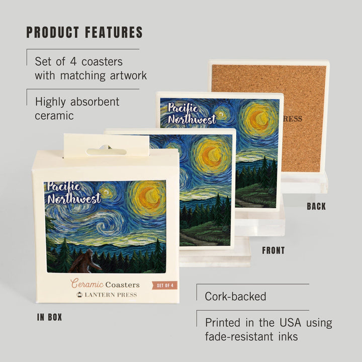 Pacific Northwest, Starry Night, Bigfoot, Coasters Coasters Lantern Press 