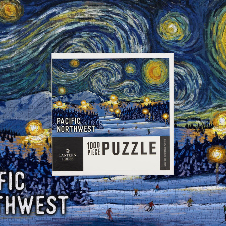 Pacific Northwest, Starry Night, Ski, Jigsaw Puzzle Puzzle Lantern Press 