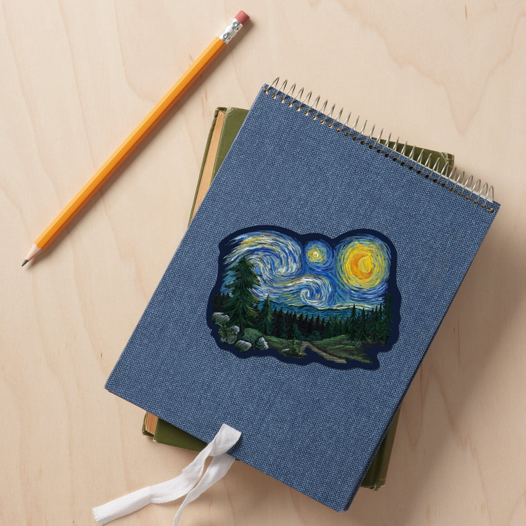 Pacific Northwest, Van Gogh Starry Night, Contour, Lantern Press Artwork, Vinyl Sticker Sticker Lantern Press 