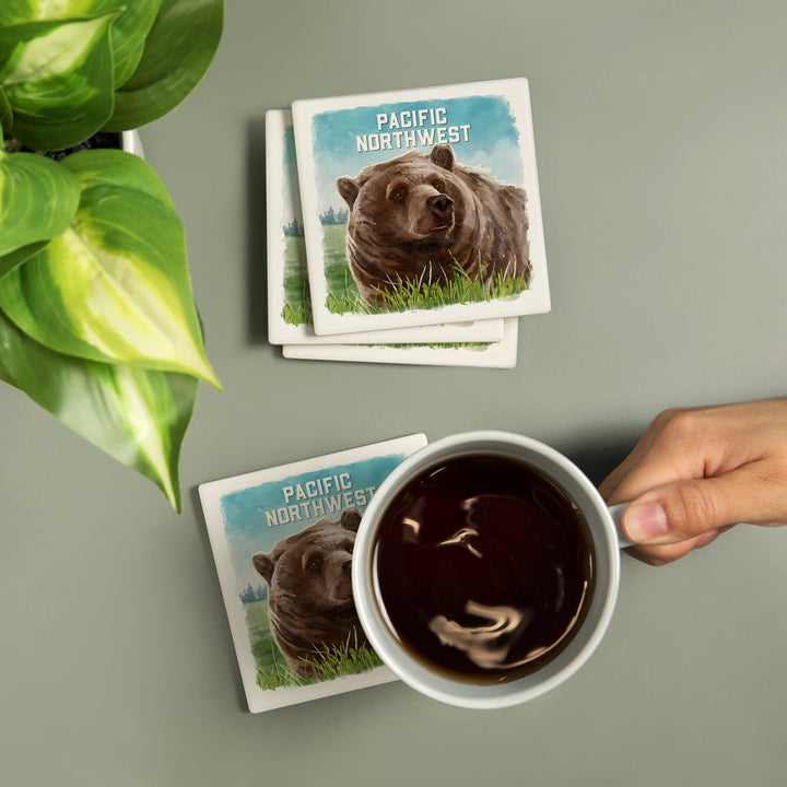 Pacific Northwest, Watercolor Study, Grizzly Bear, Coasters Coasters Lantern Press 