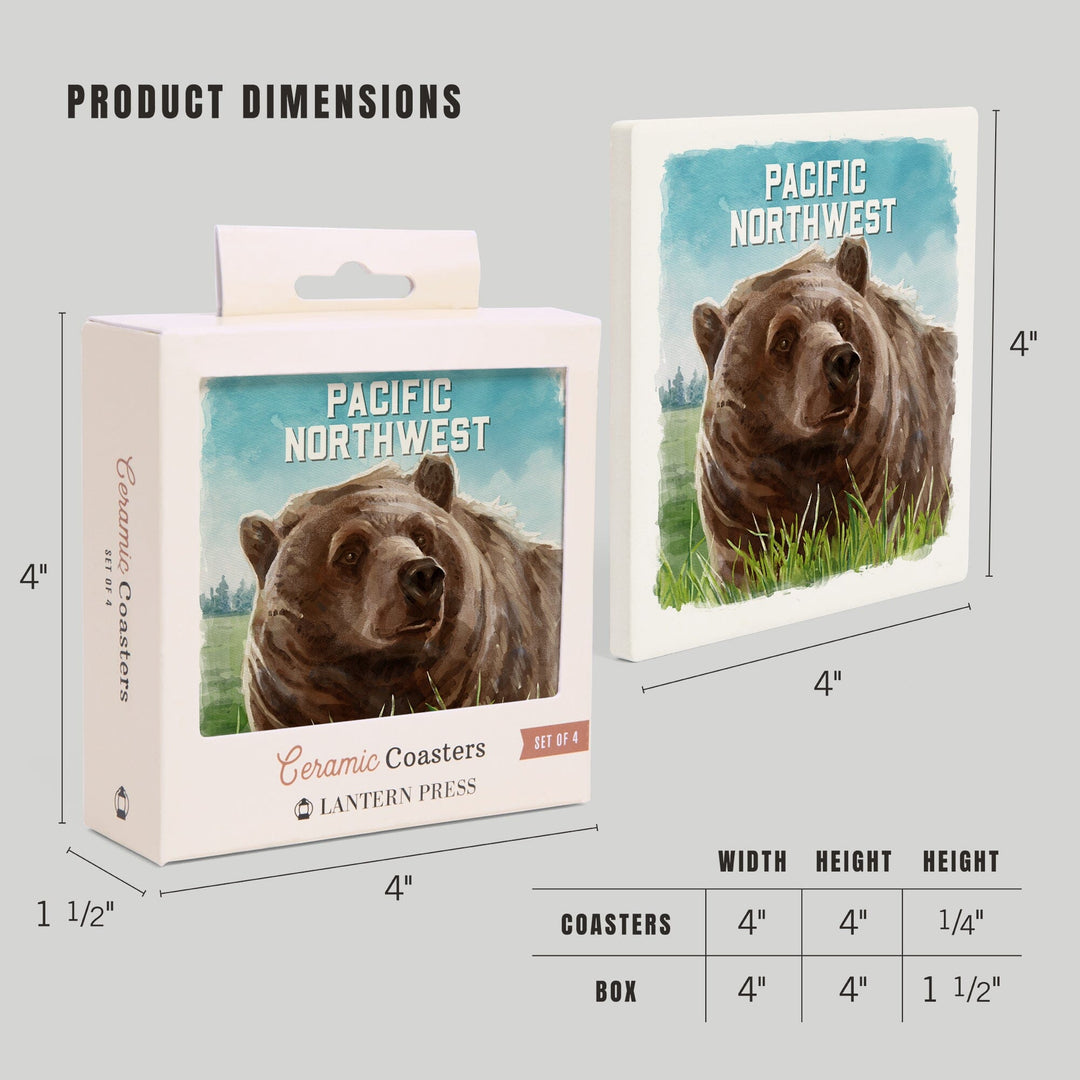 Pacific Northwest, Watercolor Study, Grizzly Bear, Coasters Coasters Lantern Press 