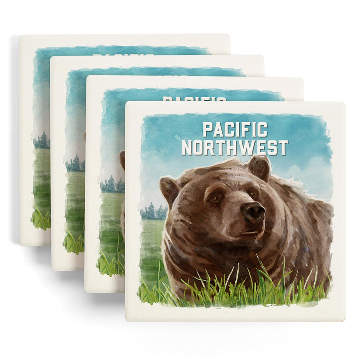 Pacific Northwest, Watercolor Study, Grizzly Bear, Coasters Coasters Lantern Press 