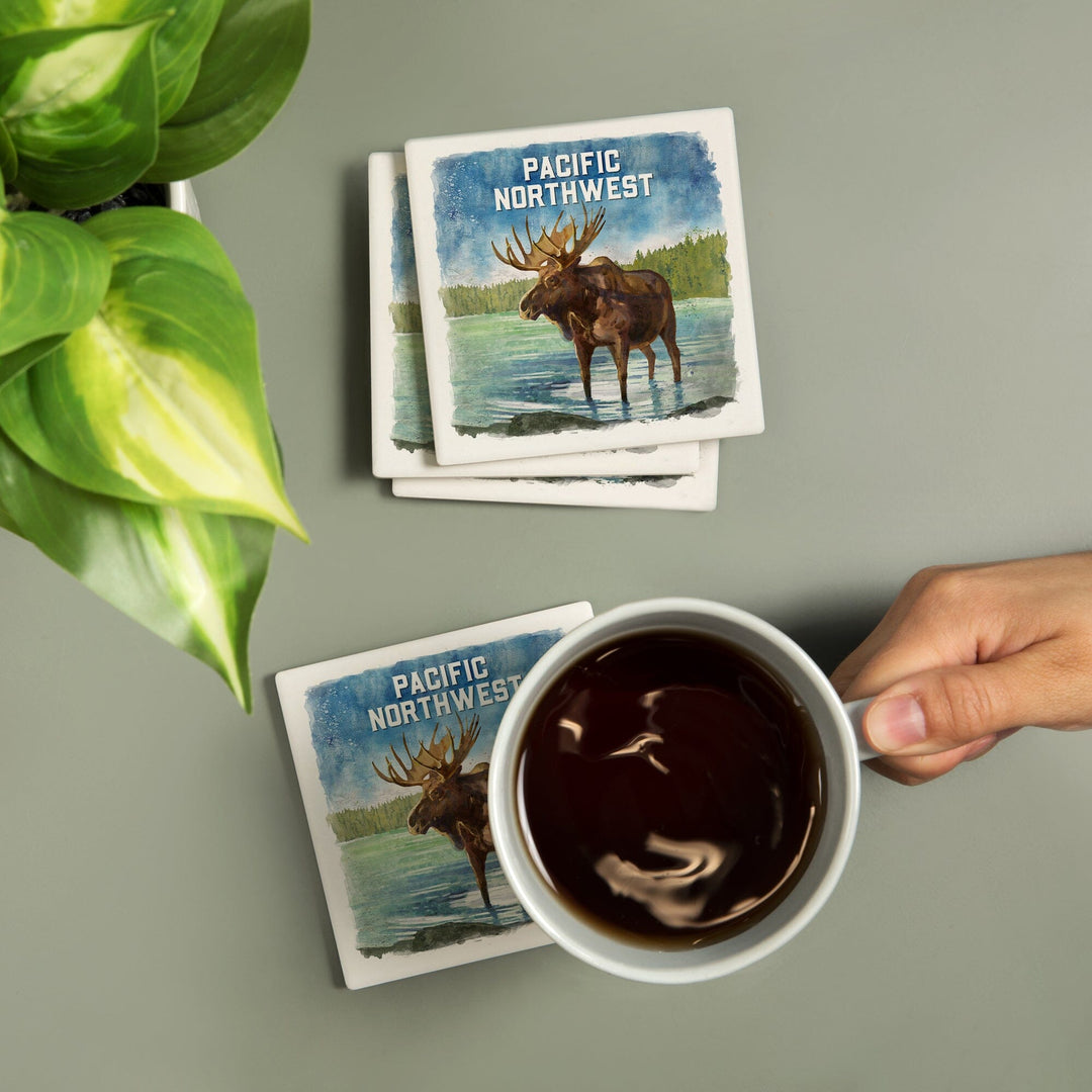 Pacific Northwest, Watercolor Study, Moose, Coasters Coasters Lantern Press 