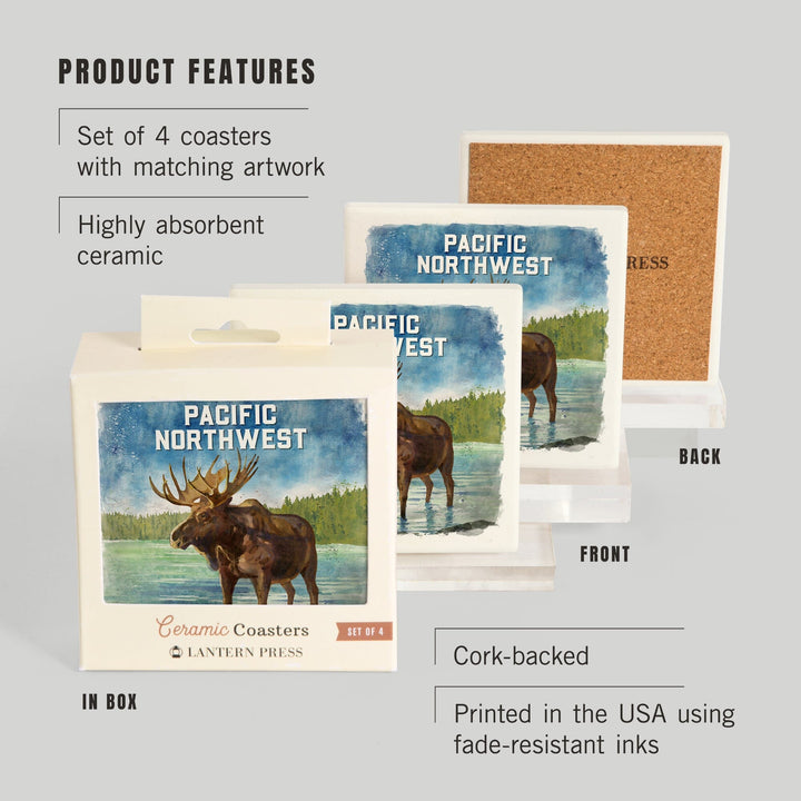 Pacific Northwest, Watercolor Study, Moose, Coasters Coasters Lantern Press 