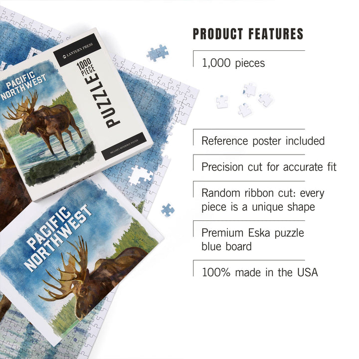 Pacific Northwest, Watercolor Study, Moose, Jigsaw Puzzle Puzzle Lantern Press 