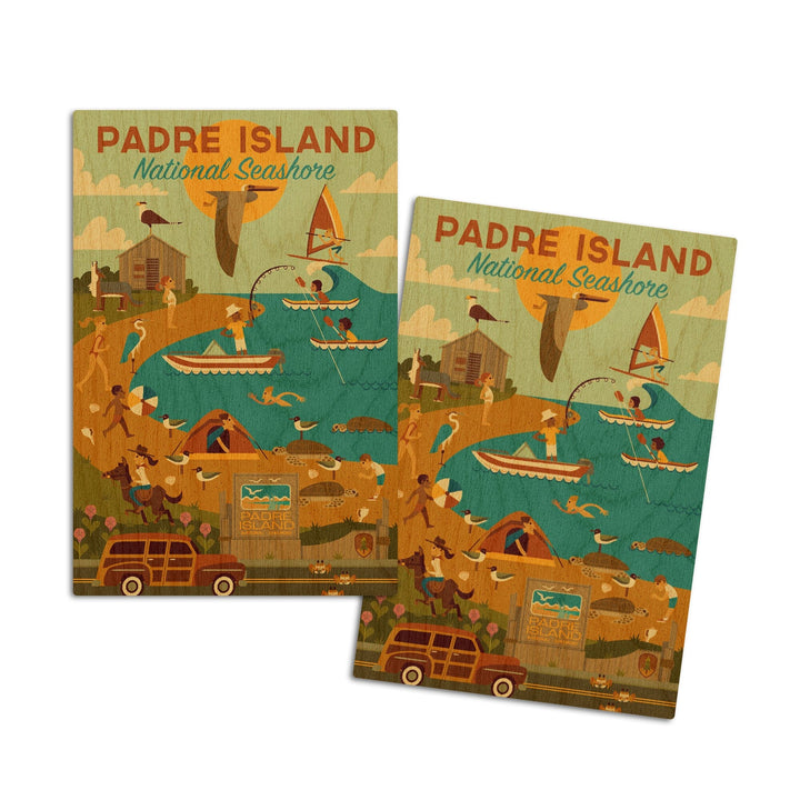 Padre Island National Seashore, Texas, Geometric, Lantern Press Artwork, Wood Signs and Postcards Wood Lantern Press 4x6 Wood Postcard Set 