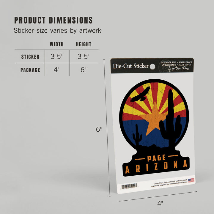 Page, Arizona, Cactus & State Flag, Contour, Vinyl Sticker Sticker Lantern Press 