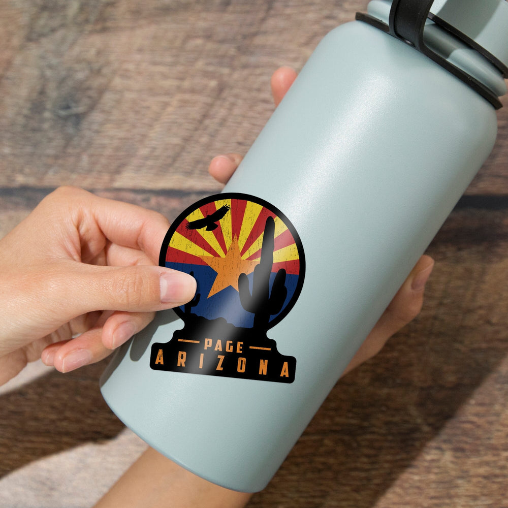 Page, Arizona, Cactus & State Flag, Contour, Vinyl Sticker Sticker Lantern Press 