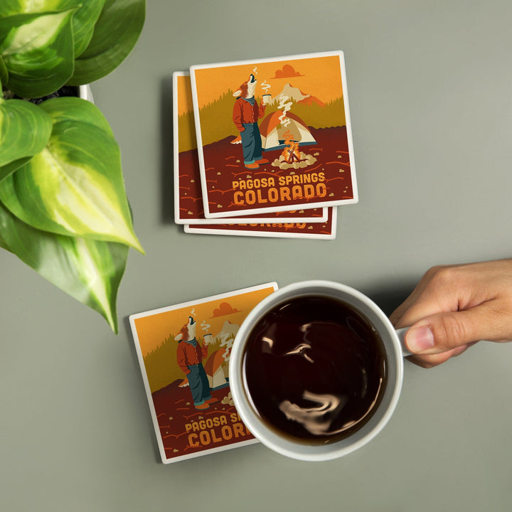 Pagosa Springs, Colorado, Animal Activities Series, Camping Coyote, Coasters Coasters Lantern Press 