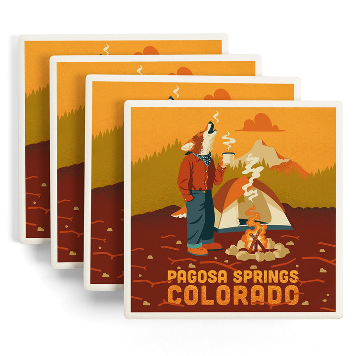 Pagosa Springs, Colorado, Animal Activities Series, Camping Coyote, Coasters Coasters Lantern Press 
