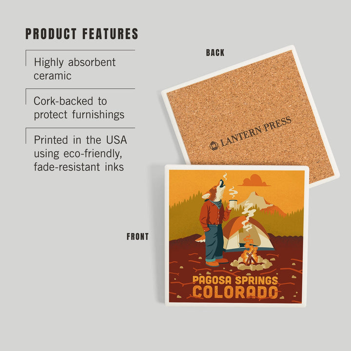 Pagosa Springs, Colorado, Animal Activities Series, Camping Coyote, Coasters Coasters Lantern Press 