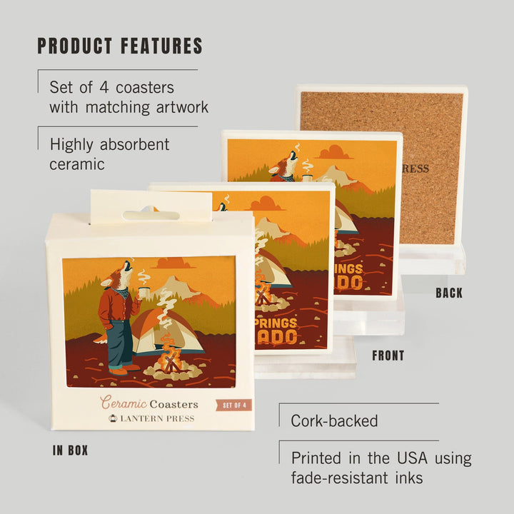 Pagosa Springs, Colorado, Animal Activities Series, Camping Coyote, Coasters Coasters Lantern Press 