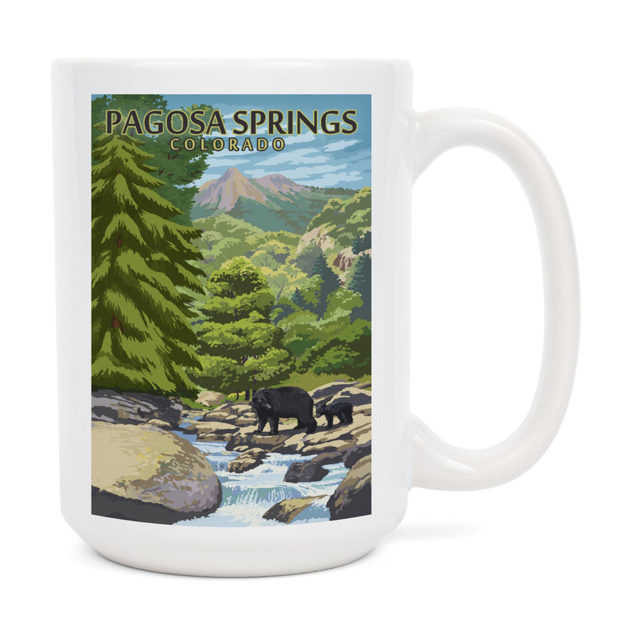 Pagosa Springs, Colorado, Black Bears & Stream, Lantern Press Artwork, Ceramic Mug Mugs Lantern Press 