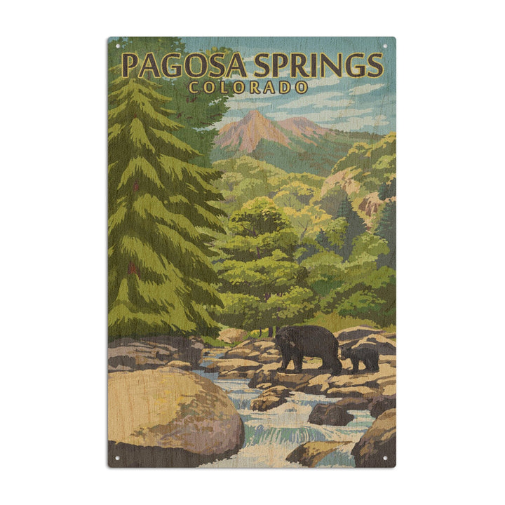 Pagosa Springs, Colorado, Black Bears & Stream, Lantern Press Artwork, Wood Signs and Postcards Wood Lantern Press 10 x 15 Wood Sign 